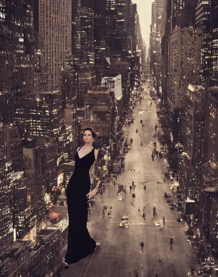 Image similar to a photo of a beautiful girl like Angelina Joile like Aracne Mitological figure being human ein the middle of New York City in style of Vogue Magazine, realistic photo, cinematic lighting, volumetric lighting