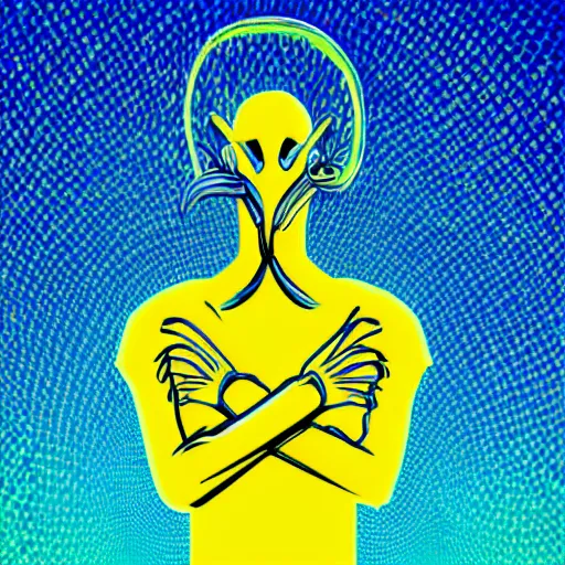 Image similar to human man that resembles a wasp morh in surreal sketch style, blue and yellow gradient, noise, ultrafine detail, hd 8k, logo illustration