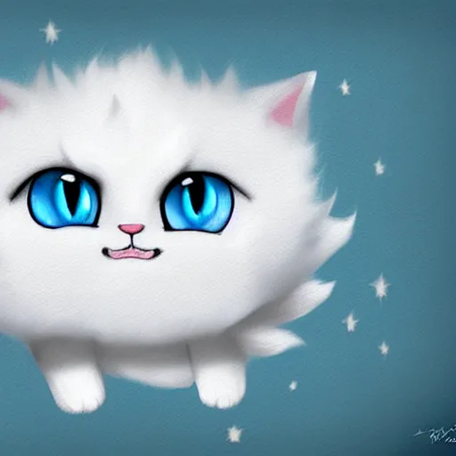 Image similar to cute kitty as a cloud, fluffy, white fur, blue eyes, pixar, concept art, digital art, painting