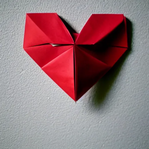 Prompt: paper origami broken heart thumbtack pinned to a wall red paint splatters