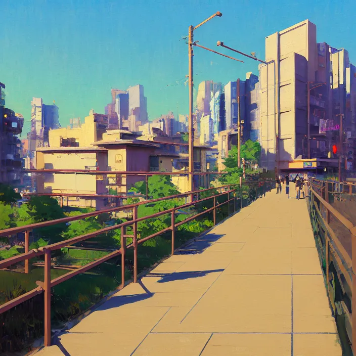 Image similar to front view painting of a stone railing urban japanese city in the background in the style of cowboy bebop, anime style, minimal details, calm, sunny day, bright, artwork by jeremy lipkin and giuseppe dangelico pino and michael garmash and rob rey and greg manchess and huang guangjian and makoto shinkai, sharp edges, simple form, 1 0 0 mm