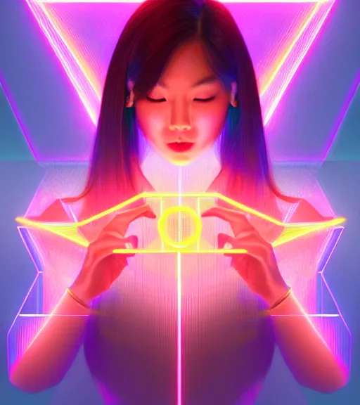 Image similar to symmetry!! asian princess of technology, solid cube of light, hard edges, product render retro - futuristic poster scifi, lasers and neon circuits, beautiful asian princess, intricate, elegant, highly detailed, digital painting, artstation, concept art, smooth, sharp focus, illustration, dreamlike, art by artgerm