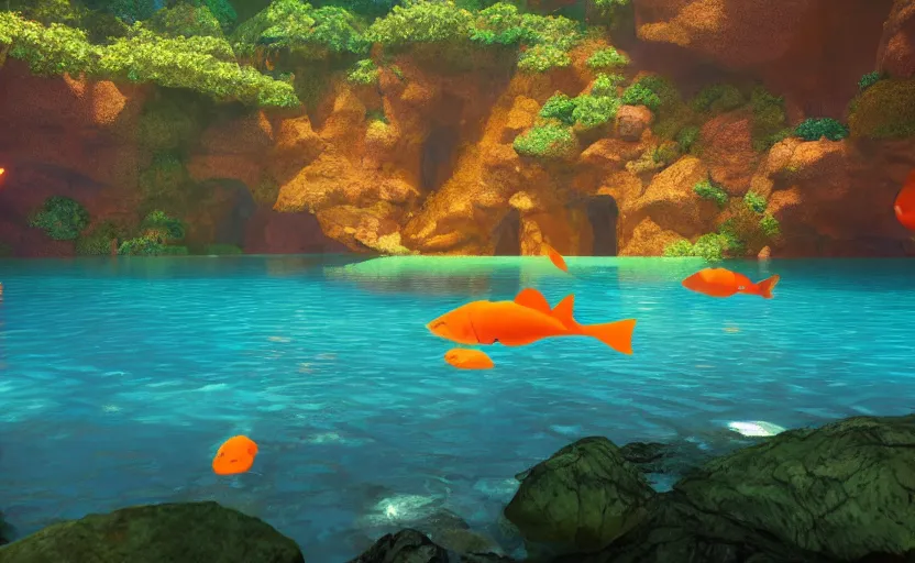 Image similar to a cave lake with some orange fish swimming inside, studio ghibli, pixar style, octane render, unreal engine 5, path traced, highly detailed, high quality, 8 k, soft lighting, godrays, complementary colors, natural lighting, water parallax, serene landscape, beautiful, elegant, digital painting