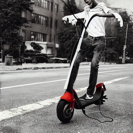 Image similar to retro 90s polaroid style realistic photo of a young skinny man who fell down after running his electric scooter into a telephone pole, image artifacts, flash photography