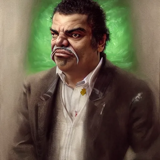 Prompt: hyper realistic, realistic - anime, portrait, beautifully rendered, italian garb the future, scifi, caricature, luis guzman as luigi wearing green, smirking deviously, luigi, luigi's nose, painted by gustave courbet, greg rutkowski, wlop, artgerm, dishonored 2,