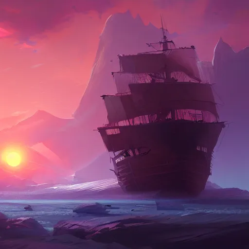 Prompt: concept art by jama jurabaev, cel shaded, cinematic shot, trending on artstation, high quality, brush stroke, vibrant colors, sunset, a mysterious giant ghost ship trapped in the glacier