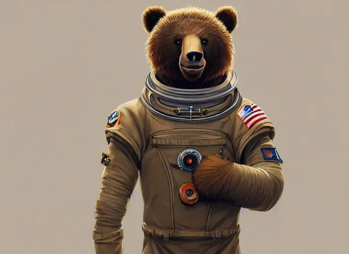 Image similar to character portrait feature of the anthro male anthropomorphic kamchatka brown bear fursona wearing cosmonaut outfit uniform professional pilot astronaut cosmonaut spirited disciplined character design stylized by charlie bowater, ross tran, artgerm, and makoto shinkai, detailed, soft lighting, rendered in octane