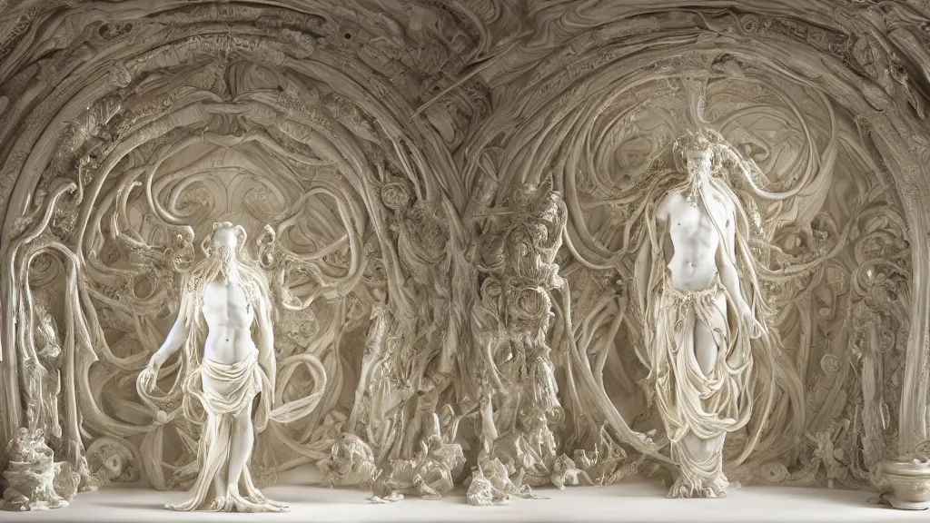 Prompt: an epic sculpture made of marble and ivory, the portal of infinite sadness, by gustave dore, by emil melmoth, by alphonse mucha, hell, sculpture standing on in a large studio space, monumental, epic, rococo, generative, detailed, intricate, volumetric lighting, realistic, octane render, in frame, 2 0 % pearlescent detailing