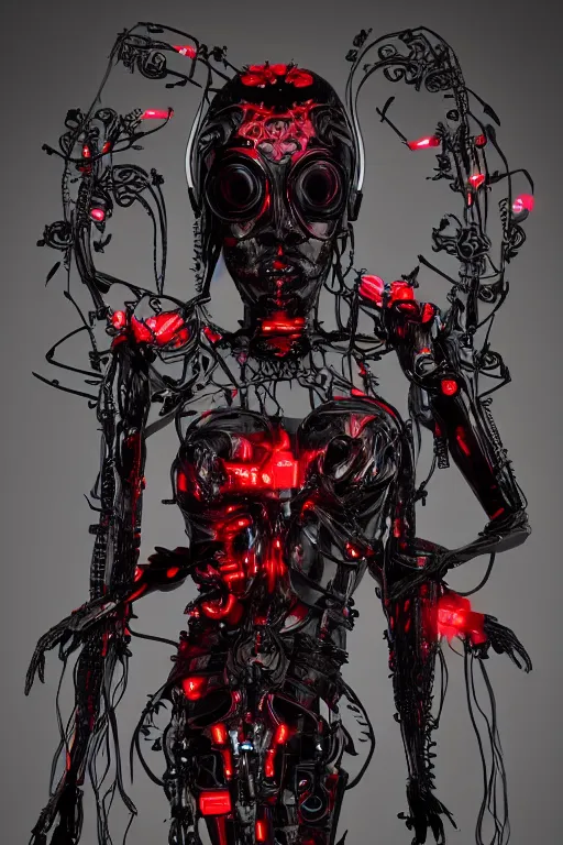 Image similar to full-body cyberpunk style sculpture of a young beautiful dark priestess, half android with a head opening exposing circuitry, glowing red eyes, black roses, flowing blood red colored silk, fabric, candles. baroque elements, human skull. full-length view. baroque element. intricate artwork by caravaggio, crows flying in background. Trending on artstation, octane render, cinematic lighting from the right, hyper realism, octane render, 8k, depth of field, 3D