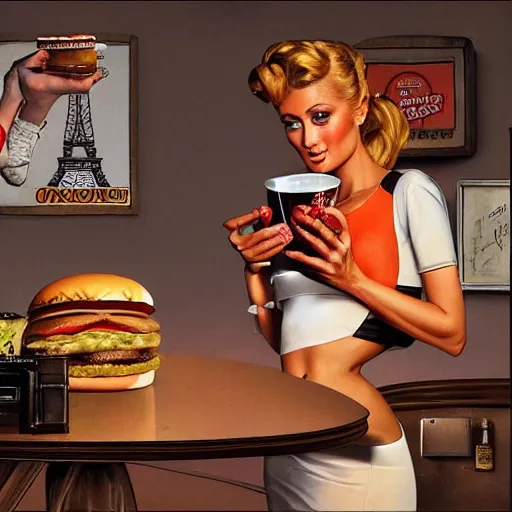 Prompt: paris hilton eating a massive big mac hamburger, extra pickles and onions, ultra detailed, style of norman rockwell, style of richard corben, 4 k, rule of thirds.