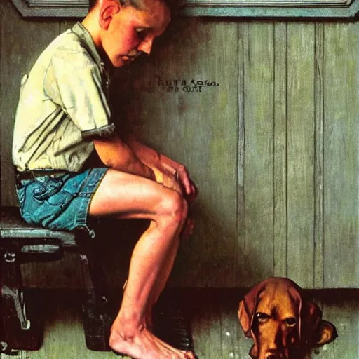 Prompt: A sad boy with his hands at his face looking to a dog, artwork by Norman Rockwell, cinematic view, high quality