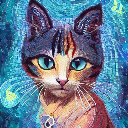 Prompt: mosaic portrait of a beautiful cute cat falling into the stars by Ross Tran, 4k, intricate details