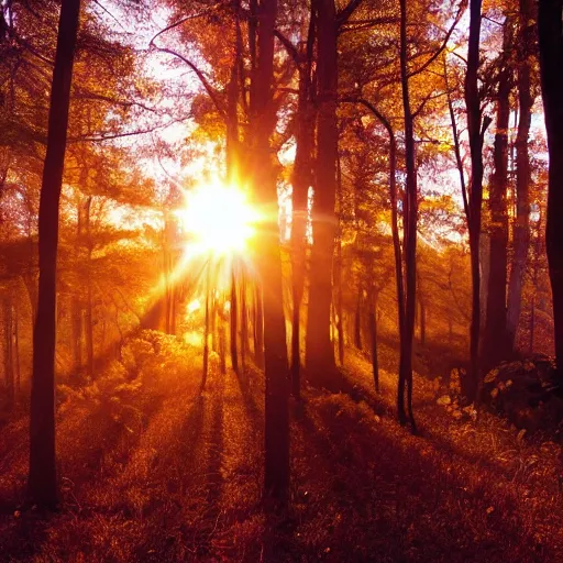 Prompt: morning dawn, the sun rose above the earth, the forest is golden, filled with morning dawn,