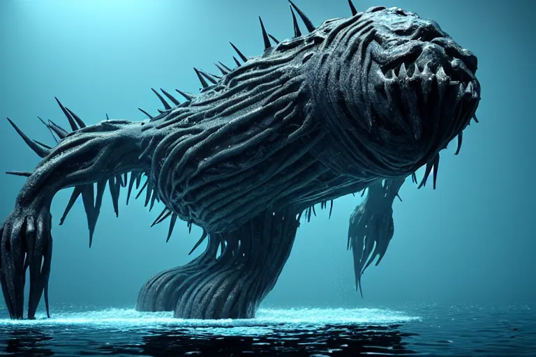 Image similar to huge bulky water creature made out of a humanoid nervous system with large meaty spikes all over the body, cinematic, volumetric lighting, f 8 aperture, cinematic eastman 5 3 8 4 film, photorealistic