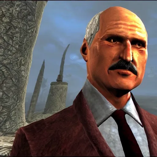 Prompt: Alexander Lukashenko wearing a suit and tie in Balmora in Elder Scrolls III: Morrowind, outdated 2002 Morrowind graphics