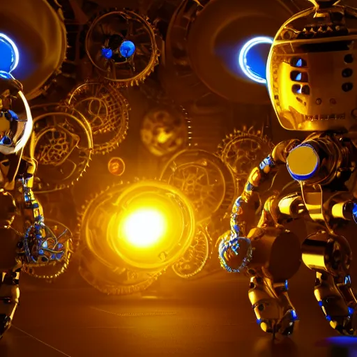 Prompt: a golden and blue metal humanoid steampunk robots wearing and gears and tubes is sitting on the ground, meditation, eyes are glowing red lightbulbs, shiny crisp finish, 3 d render, 8 k, insaneley detailed, fluorescent colors