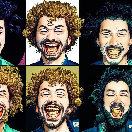 Image similar to portrait of post malone laughing, symmetrical, by yoichi hatakenaka, masamune shirow, josan gonzales and dan mumford, ayami kojima, takato yamamoto, barclay shaw, karol bak, yukito kishiro