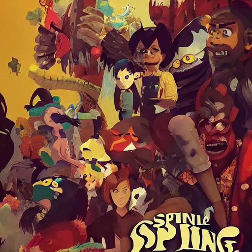 Image similar to poster for the animation called the banana spline gang, 8 k, hd, dustin nguyen, akihiko yoshida, greg tocchini, greg rutkowski, cliff chiang