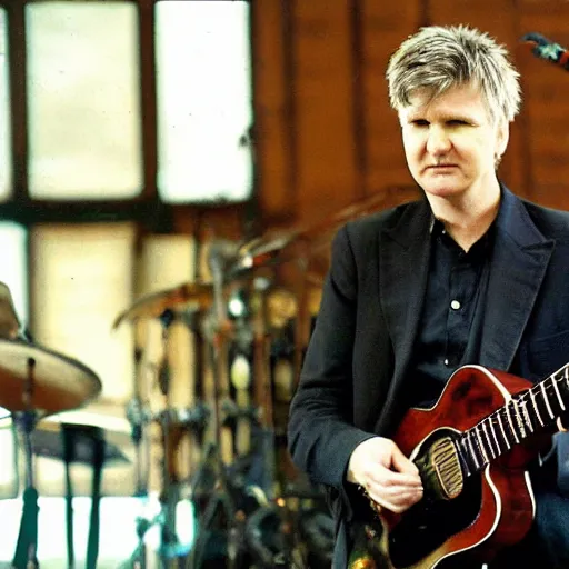 Prompt: neil finn watches as the crowded house burns down