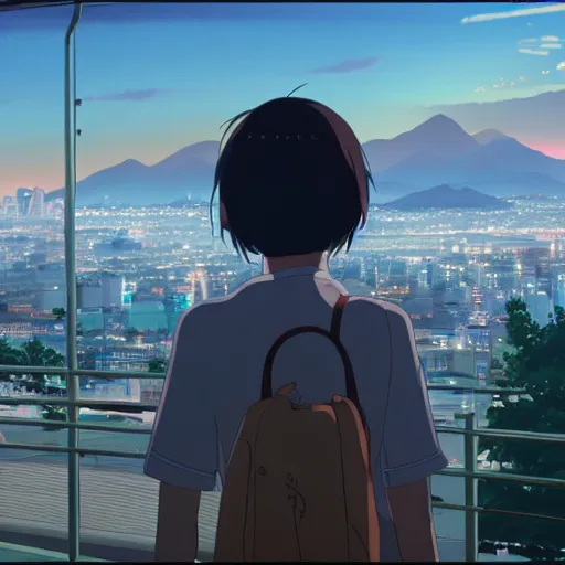 Image similar to A screenshot of the girl on the a night city view of Seoul in the scene in the Makoto Shinkai anime film Kimi no na wa, pretty rim highlights and specular