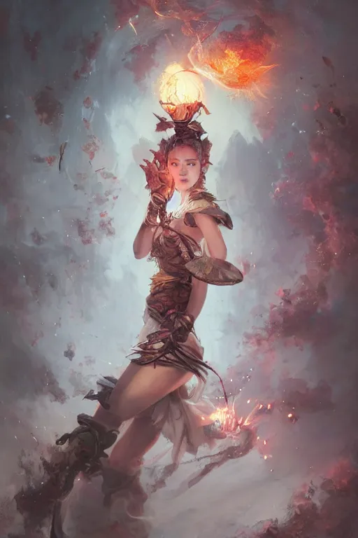 Prompt: beautiful girl necromancer, mage, witch - doctor exploding into flowers, angels, demons, 3 d render, hyper - realistic detailed portrait, holding fire and electricity, ruan jia, wlop. scifi, fantasy, magic the gathering, hyper detailed, octane render, concept art, peter mohrbacher