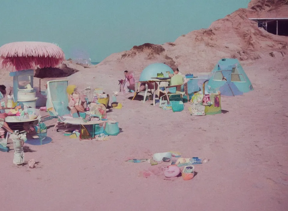 Prompt: a pastel coloured vintage family holiday photo of an empty beach from an alien dreamstate world with chalky pink iridescent!! sand, reflective lavender ocean water, dim bioluminescent plant life and an igloo shaped plastic transparent hot dog stand surrounded by holiday clutter opposite a pit with an iridescent blue flame flickering. glare. refraction, volumetric light.