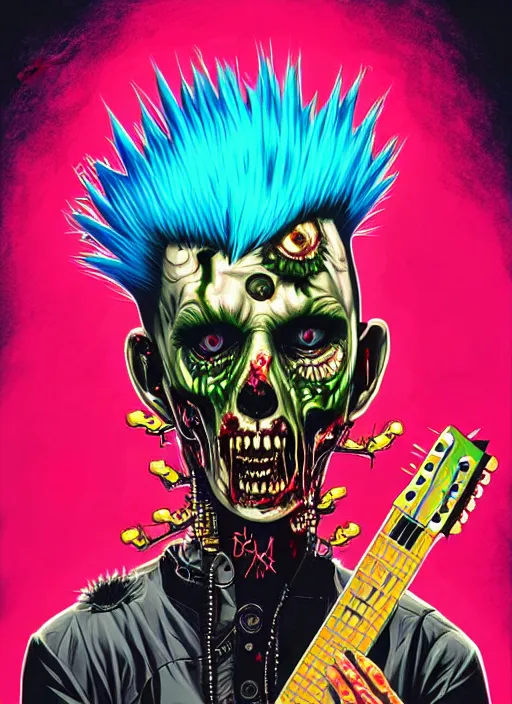 Image similar to a zombie punk rocker with a mohawk holding an electric guitar, tristan eaton, victo ngai, artgerm, rhads, ross draws