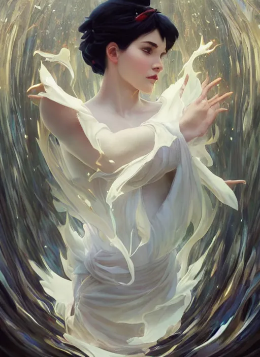 Prompt: snow white, white splash aura in motion, floating pieces, painted art by tsuyoshi nagano, greg rutkowski, artgerm, alphonse mucha, spike painting