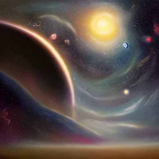 Prompt: huge gas giant planet surrounded by beautiful stars and planets in space, oil painting, ultra realistic, dreamy, hyper detailed, fantasy, volumetric lighting, award winning