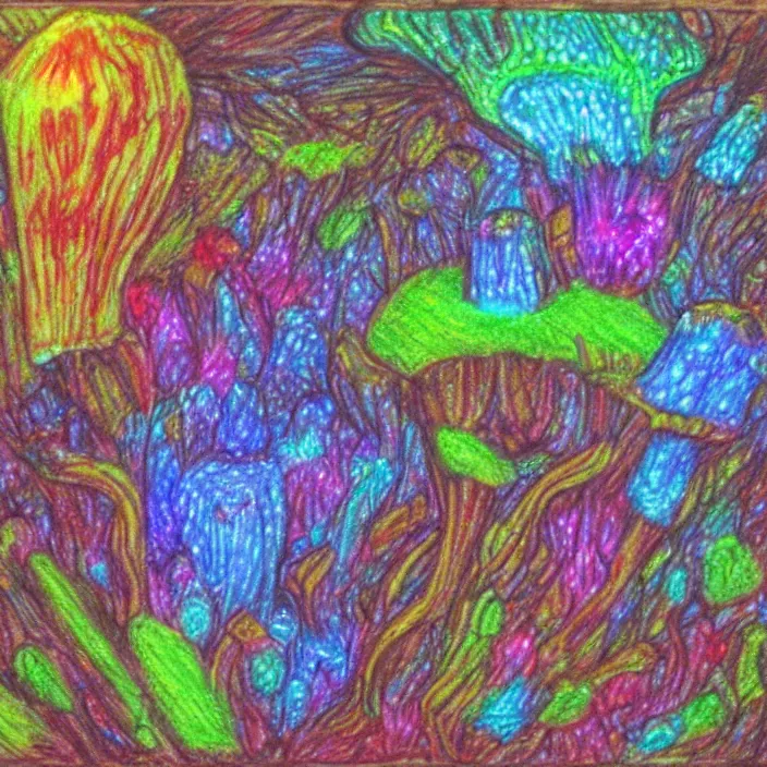 Prompt: a large cave lit by glowing mushrooms. colorful crystals grow from the ground. drawn with colored pencils, gloomy mood