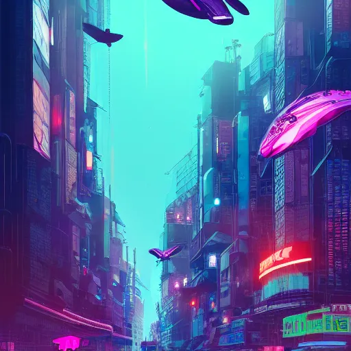 Prompt: flying whales on a cyberpunk city, trending on artstation hq, 4K, UHD, Josan Gonzalez style, high detail, neon signs, rain, purple, pink, blue