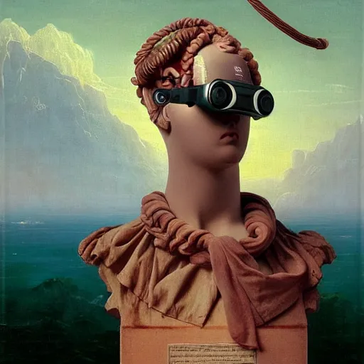 Image similar to David Friedrich, award winning masterpiece with incredible details, a surreal vaporwave vaporwave vaporwave vaporwave vaporwave painting by Thomas Cole of an old pink mannequin head wearing VR goggles with cables and wires coming out of it's neck, highly detailed