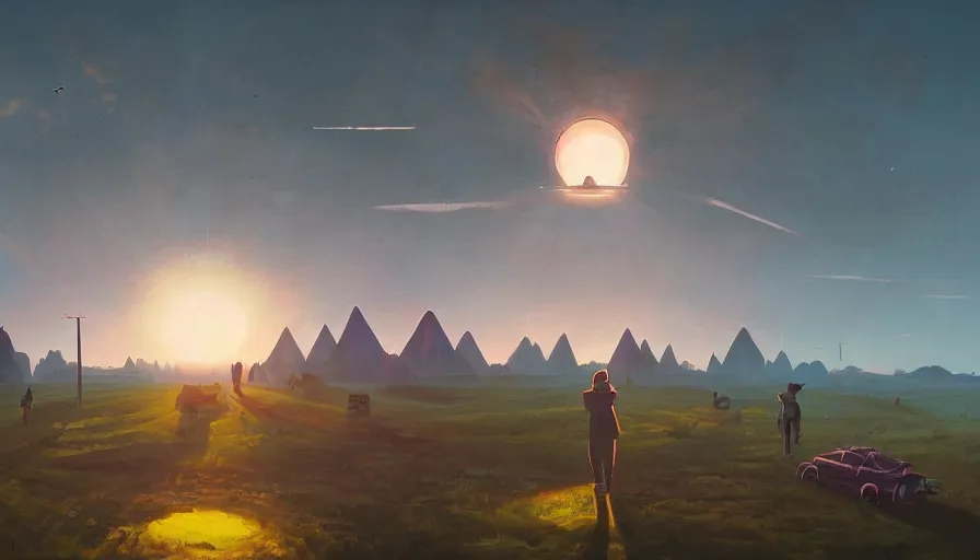 Image similar to giant hexagon in the sky in front of the sun, simon stalenhag