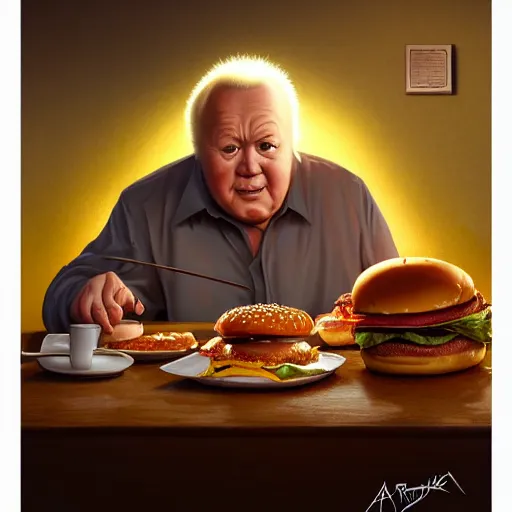 Prompt: portrait of Archie Bunker eating hamburgers, extra onions and ketchup, luscious patty with sesame seeds, feminine ethereal, holy sacred light rays, handsome, volumetric light, D&D, fantasy, intricate, elegant, highly detailed, digital painting, artstation, concept art, matte, sharp focus, illustration, art by Artgerm and Greg Rutkowski and Alphonse Mucha