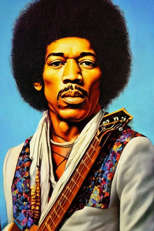 Prompt: ultra realistic Jimi Hendrix face portrait in the style of grant wood