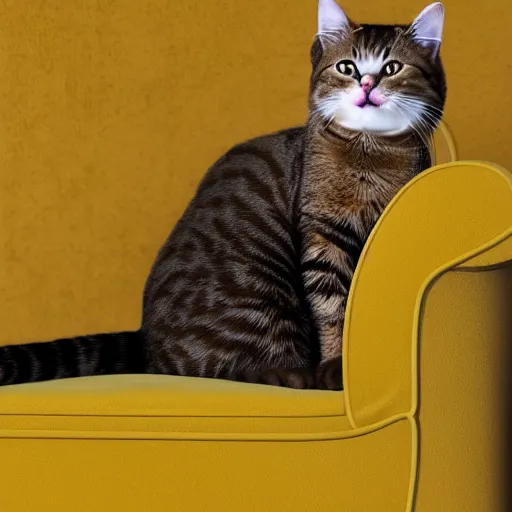 Image similar to cat in living room, cat wearing mustard yellow leisure suit, 7 0's decor, shag carpet, 4 k, 8 k, ultra detailed