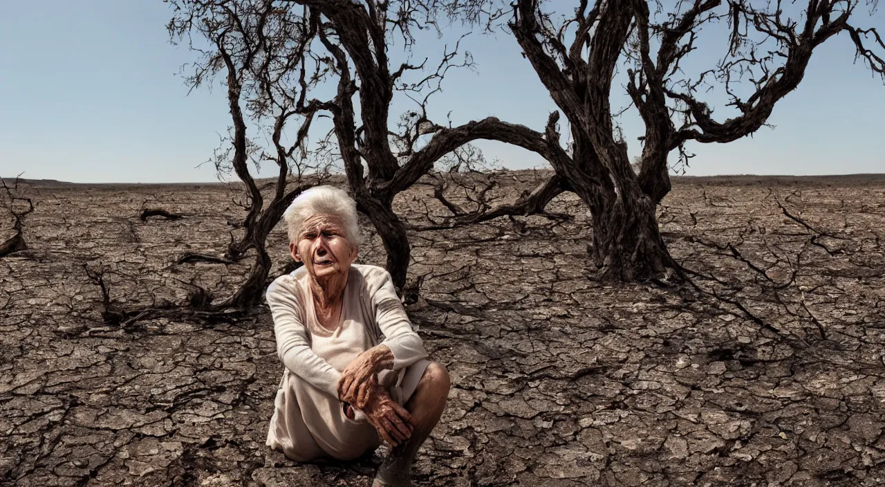 Image similar to medium shot of a 65-year-old Gaia, crying one single tear, facing the camera and sitting on a dried up river in a desolate land, dead trees, blue sky, hot and sunny, highly-detailed, elegant, dramatic lighting, artstation, 4k, cinematic landscape, photograph by Elisabeth Gadd