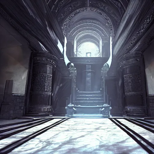 Prompt: the grand black ebony entrance, marbme floors, art by kotaro chiba, volumetric lighting, epic composition