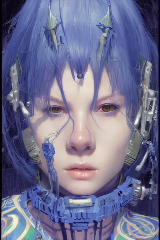 Prompt: portrait of beautiful young blue goblin, cyberpunk, Warhammer, highly detailed, artstation, illustration, art by Gustav Klimt and Range Murata and Ilya Kuvshinov and Sakimichan