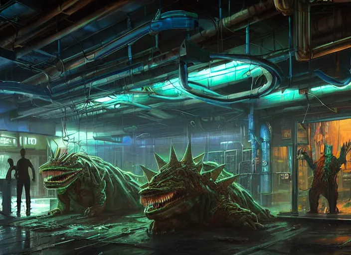 Prompt: scene inside a gas station with harsh fluorescent blue-white-green industrial lighting, giant monstrous aggressive spiked creature screaming at the camera, spikes like needles, needles, thin spikes, epic science fiction horror digital matte painting by Steve Henderson and Mark Brooks (and Greg Rutkowski), extremely detailed, artstation