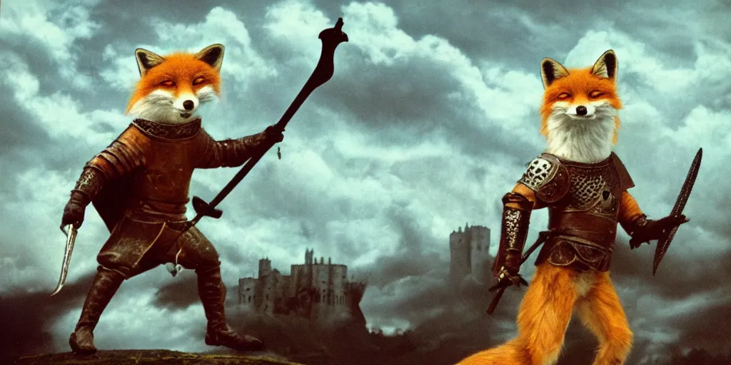 Image similar to anthropomorphic fox who is a medieval knight holding a sword towards a stormy thundercloud 1 9 3 0 s film still, castle in the background