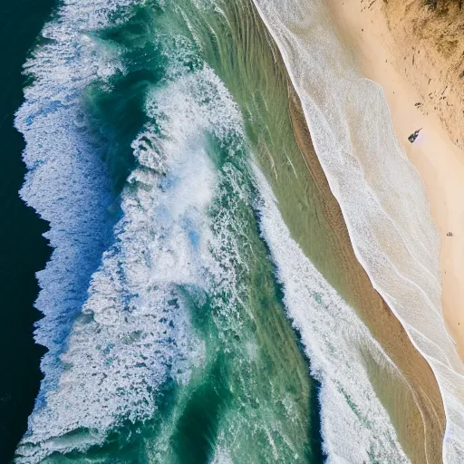 Prompt: waves hitting a cliff, beautiful ambient light, top down drone shot, 8k