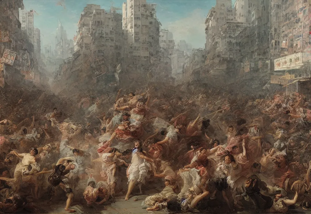 Image similar to 2 0 2 1 hong kong riot by jean honore fragonard. city buildings in the background.