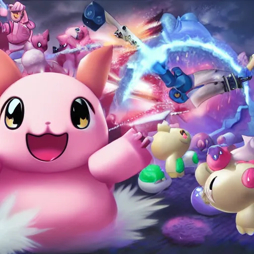 Image similar to jigglypuff fighting back hordes of monsters in he'll using a machine gun, digital art, highly detailed, 4 k