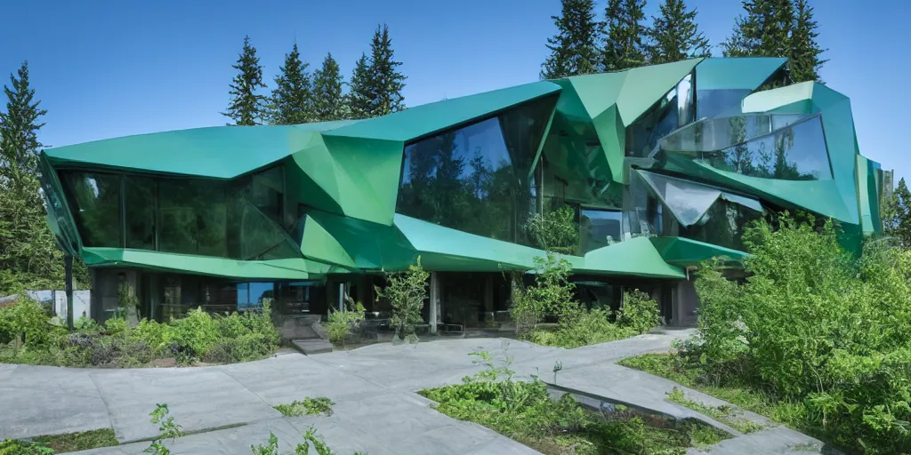 Prompt: large futuristic residence, cascadian, blue - green concrete, large green glass windows, triangular elements, blue metal