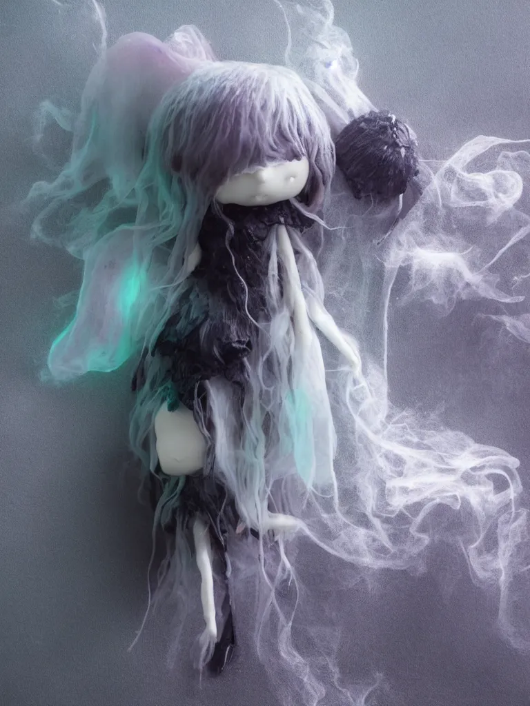 Image similar to cute fumo plush doll of an otherworldly translucent jellyfish goth maiden girl floating in the deep sea, mysterious tattered black tendrils and dress, glowing wraith girl, wisps of volumetric fog and smoke in vortices, vignette, bokeh, vray