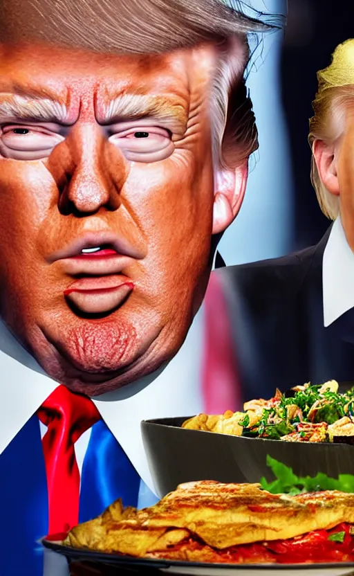 Prompt: donald trump as the main dish on the buffet for 1 0 0 people, photo, realistic, photorealistic, detailed, high quality, high resolution, 8 k, hdr, 8 k resolution, 8 k quality