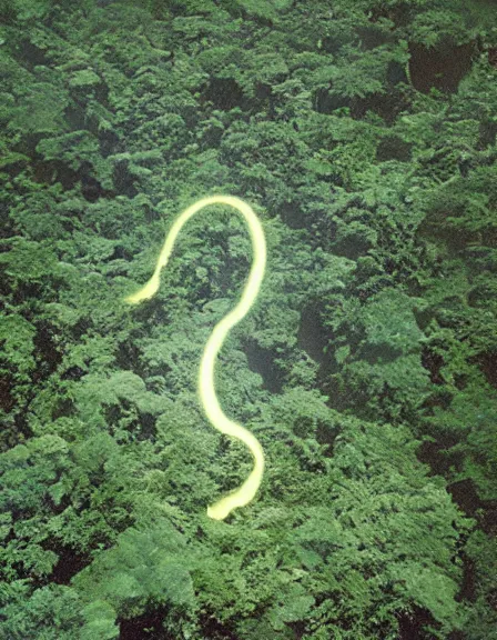 Prompt: vintage color photo of aerial view of a far away massive 1 1 0 million years old abstract sculpture made of light in the jungle