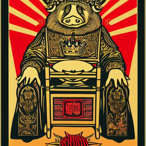 Image similar to Portrait of king sitting on wood throne with pig head wearing crown by Shepard Fairey