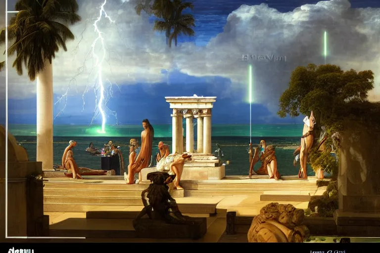 Image similar to Doric temple on front of balustrade and palace columns, refracted lightnings on the ocean, thunderstorm, tarot cards characters, beach and Tropical vegetation on the background major arcana sky and occult symbols, by paul delaroche, hyperrealistic 4k uhd, award-winning, very detailed paradise